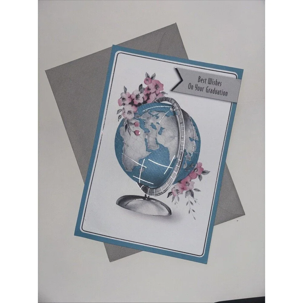 Hallmark Expressions Graduation Greeting Card Globe Floral Blue With Envelope.